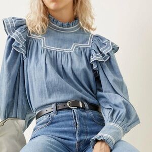 Ulla Johnson Ester Ruffled Cotton Chambray Blouse Blue Size 6